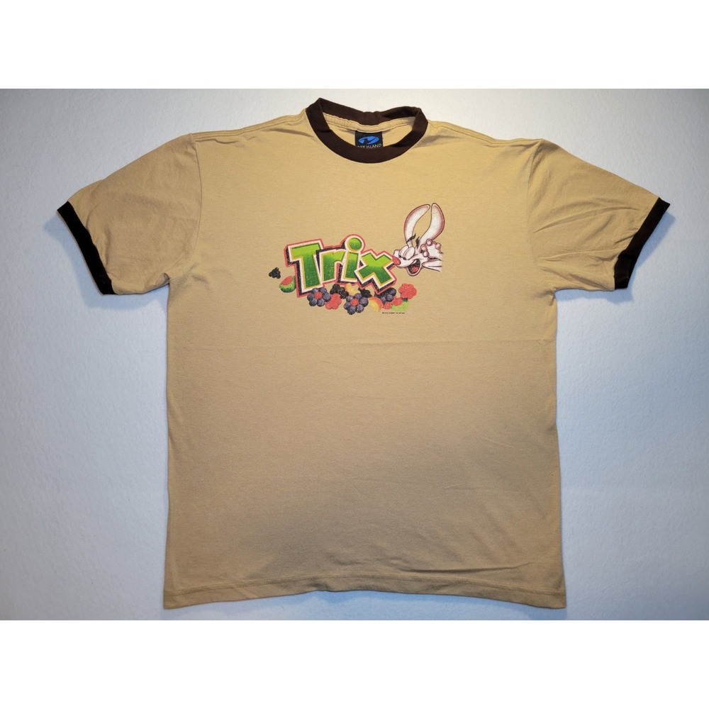 Vintage Trix Cereal Logo Spellout‎ Tan Brown Ringer Shirt Mens L Rabbit Colorful